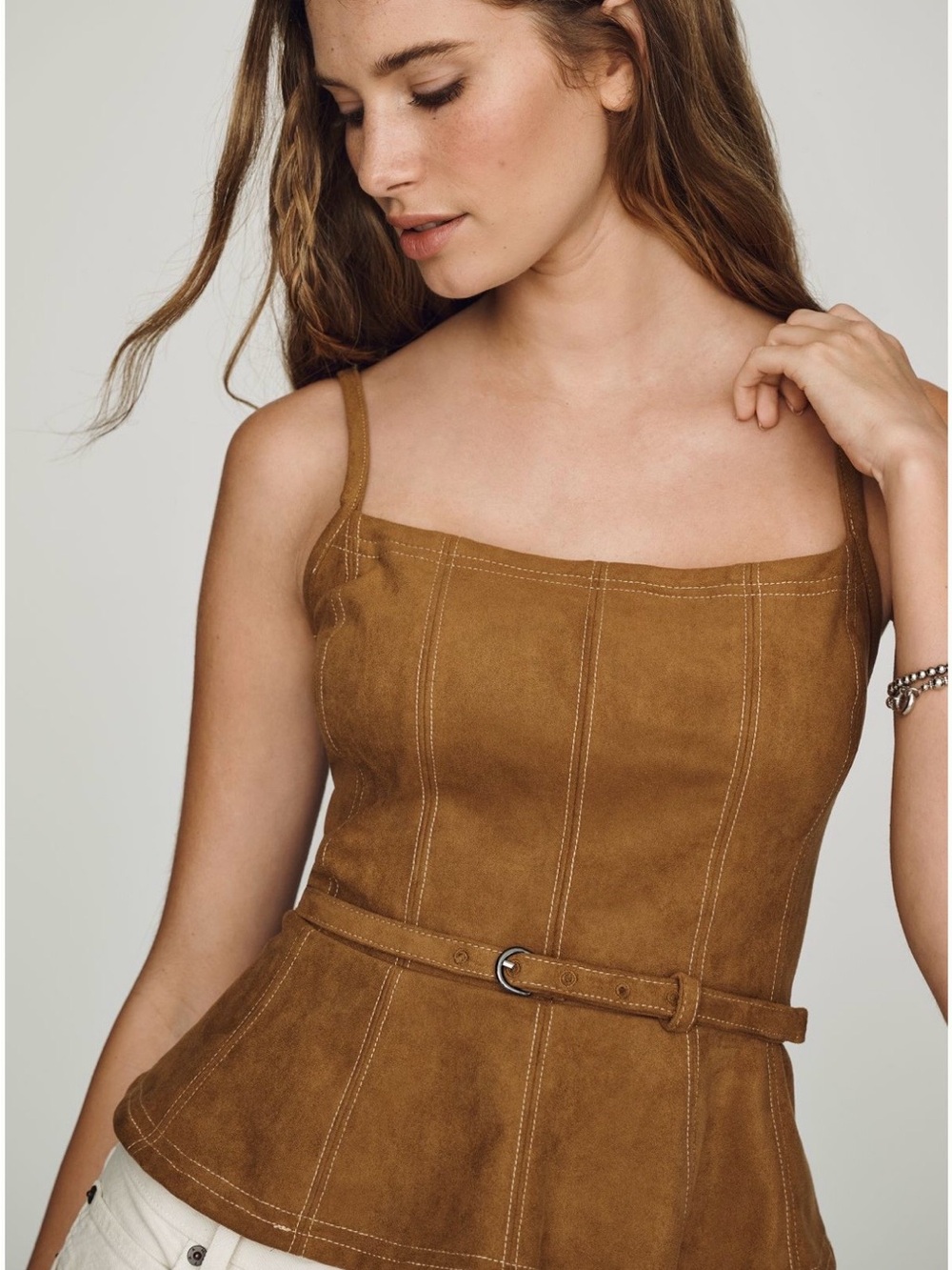 Anthropologie Pilcro Faux Suede Peplum Tank in saddle